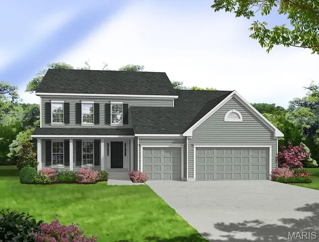 View of front facade with a porch, concrete driveway, a front lawn, and a shingled roof