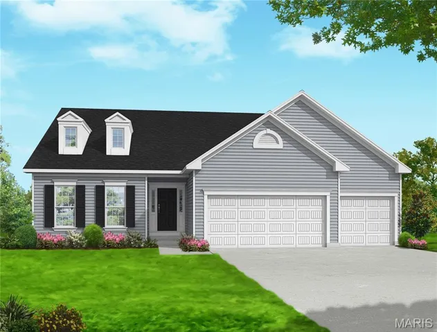 View of front of house featuring a front yard, driveway, a garage, and roof with shingles