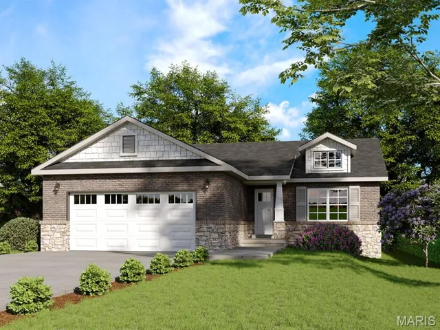 View of front facade featuring stone siding, a front yard, concrete driveway, and an attached garage
