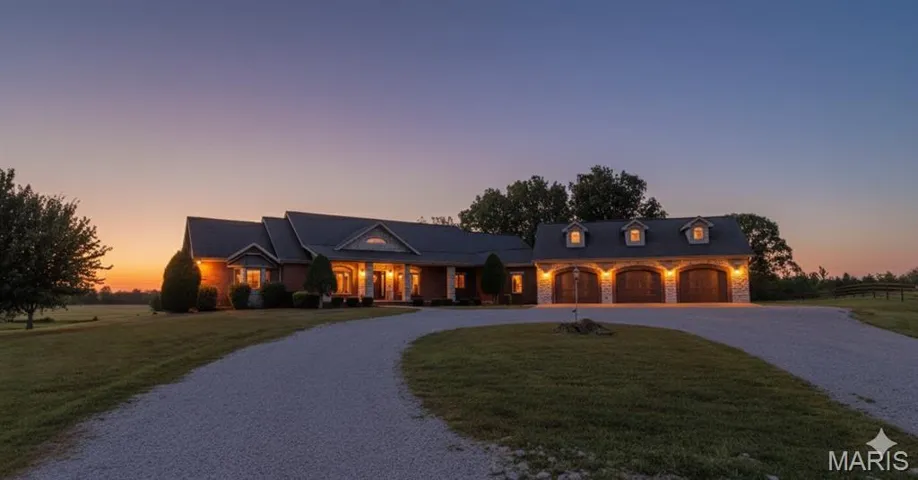 View of front of property with curved driveway, a front yard, a porch, and stone siding