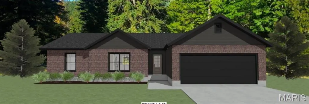 View of front of home featuring driveway, brick siding, a garage, and a front lawn