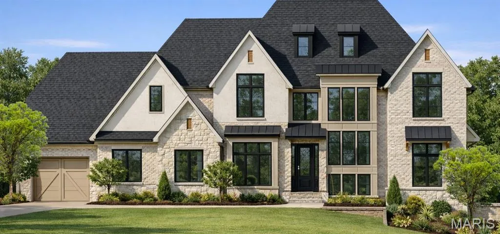 View of front of property featuring a standing seam roof, stone siding, a front lawn, and roof with shingles