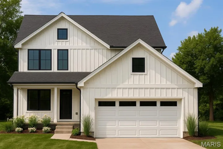 Modern farmhouse featuring board and batten siding, a shingled roof, and driveway
