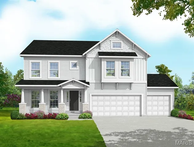 View of front of property featuring driveway, a front lawn, roof with shingles, a porch, and a garage