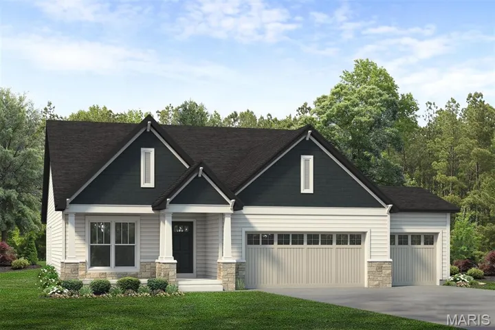 Craftsman house with stone siding, a front yard, concrete driveway, and a garage