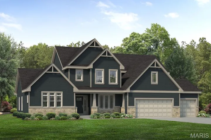 Craftsman house featuring stone siding, a front yard, driveway, and an attached garage