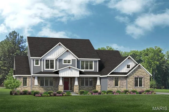Craftsman house featuring board and batten siding, stone siding, a front yard, and roof with shingles