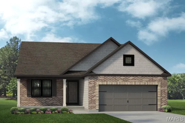 View of front of house with brick siding, a front lawn, driveway, and a shingled roof