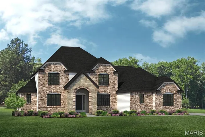 View of front of home with a front lawn, brick siding, roof with shingles, and stone siding