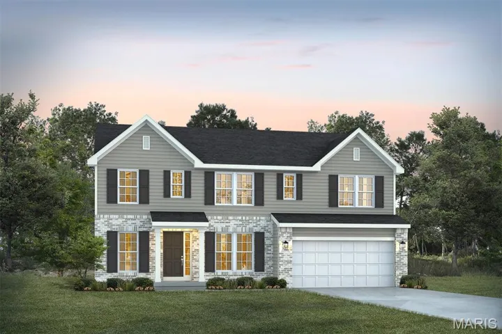 View of front of property with driveway, a yard, an attached garage, and stone siding