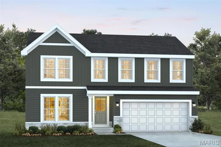 View of front of property with a garage, driveway, roof with shingles, stone siding, and a lawn