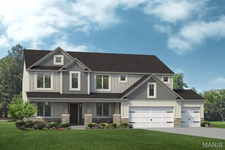 Craftsman-style house featuring stone siding, a front yard, covered porch, and concrete driveway