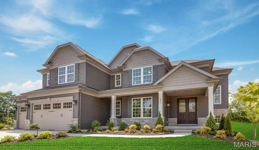 Craftsman-style home with covered porch, stone siding, an attached garage, a front lawn, and concrete driveway