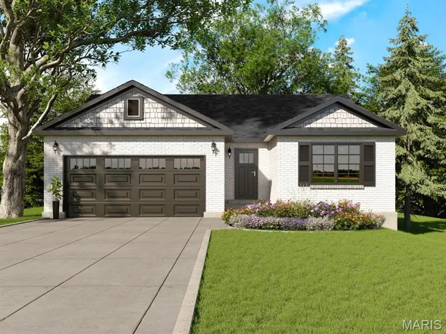 View of front facade with a garage, a front yard, driveway, and brick siding