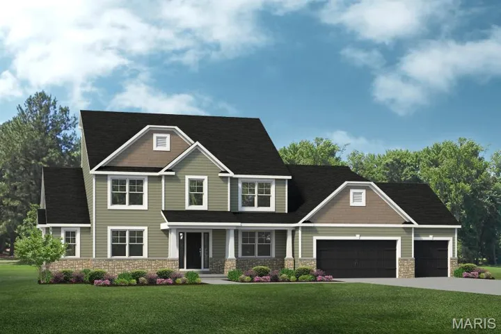 Craftsman house featuring stone siding, a front yard, concrete driveway, a garage, and roof with shingles