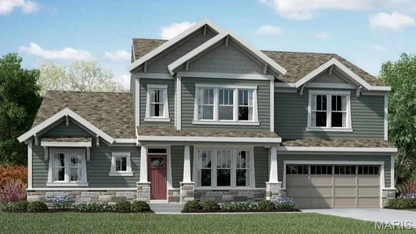 Craftsman inspired home featuring a porch, stone siding, an attached garage, driveway, and a front yard