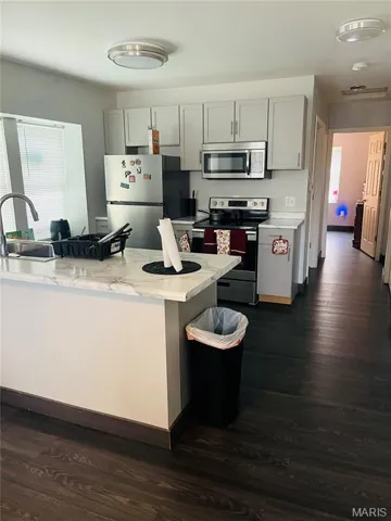 Kitchen with gray cabinets, light countertops, stainless steel appliances, and dark wood-style floors