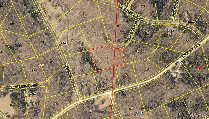 Aerial map of property and surrounding area featuring property boundaries highlighted