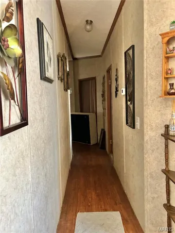Hallway with ornamental molding, dark wood finished floors, and a textured wall