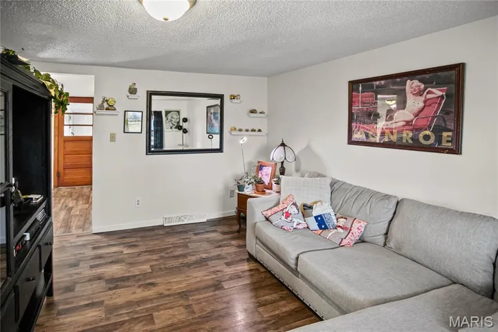 Living area featuring dark wood-style floors and a textured ceiling