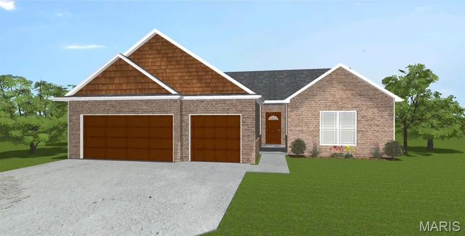 Craftsman house featuring gravel driveway, a front yard, brick siding, and a garage