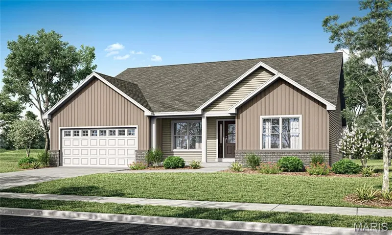 View of front facade with brick siding, a front yard, concrete driveway, and roof with shingles