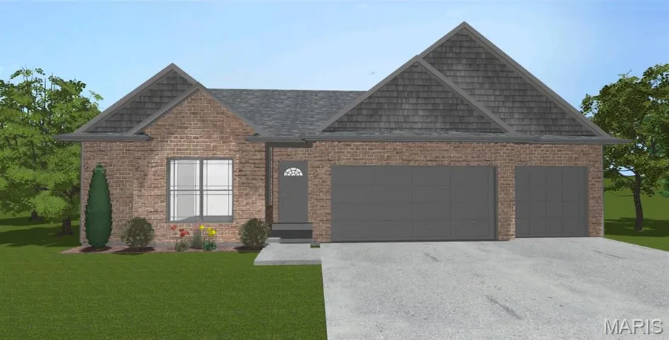 View of front of property with asphalt driveway, a front lawn, an attached garage, and brick siding