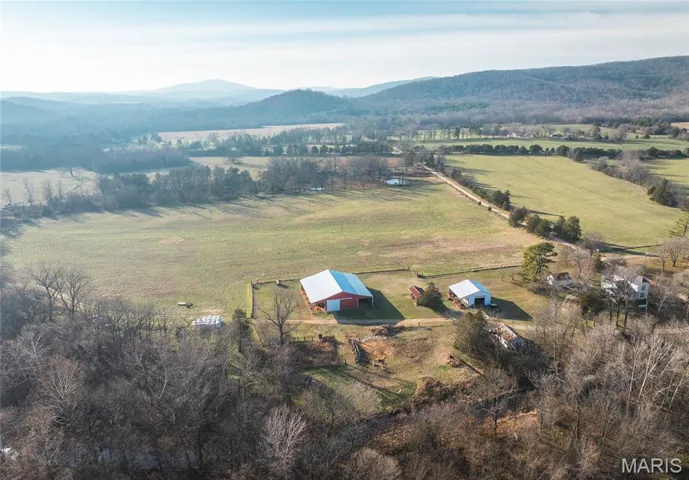 Aerial view of sparsely populated area with a mountain backdrop