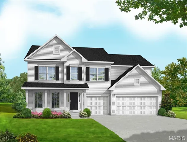 Traditional home featuring a front lawn, a shingled roof, driveway, and covered porch