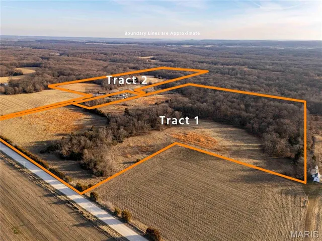 Overview of rural landscape featuring property boundaries highlighted