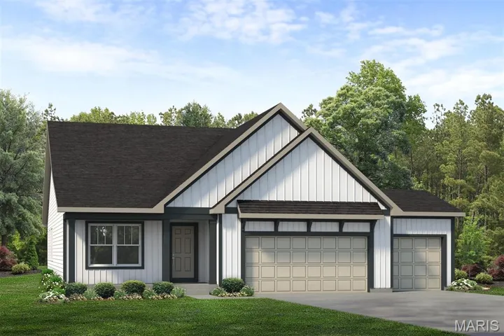 Modern farmhouse style home with concrete driveway, a garage, a front lawn, board and batten siding, and roof with shingles