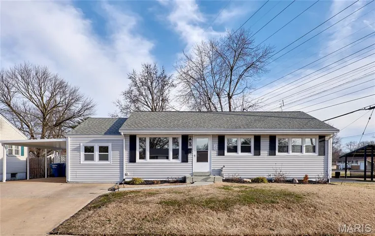 Single story home featuring roof with shingles, a front yard, concrete driveway, and a carport