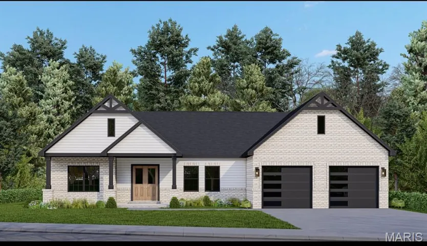 View of front of home with a front yard, driveway, covered porch, and brick siding