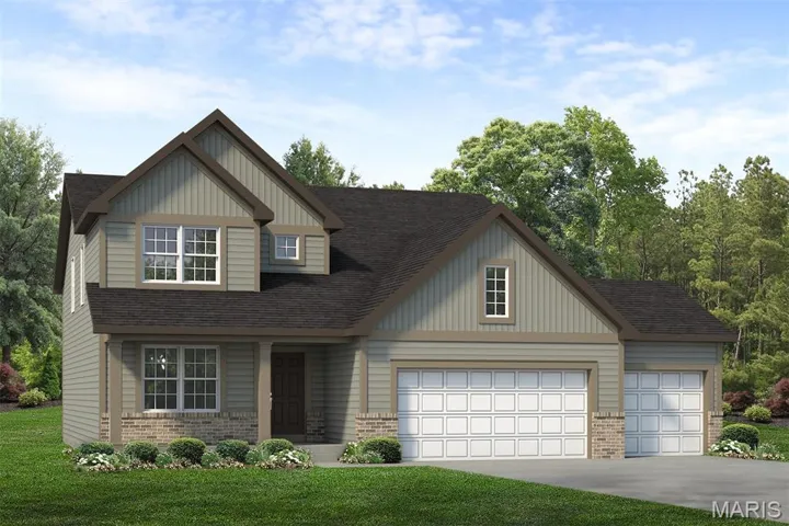 Craftsman-style home with brick siding, a front yard, and concrete driveway