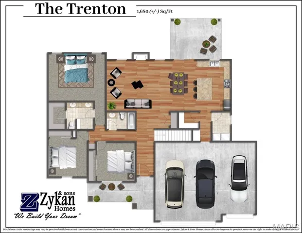 The Trenton Color Floor Plan. Disclaimer: Artist renderings may vary in precise detail from actual construction and some features shown may not be standard. All dimensions are approximate. Zykan & Sons Homes, in an effort to improve its product, reserves the right to make changes without notice.
