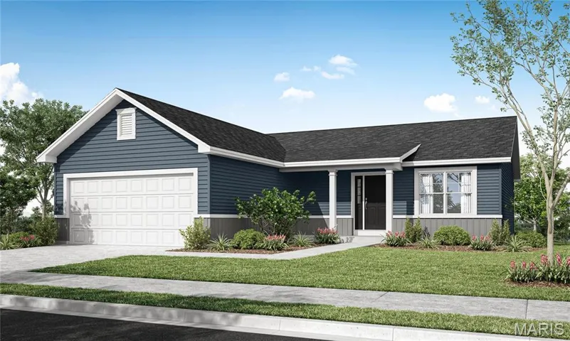 Single story home with a front lawn and a garage