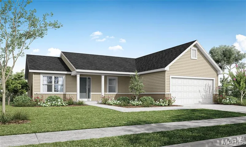 Ranch-style home with a front lawn and a garage