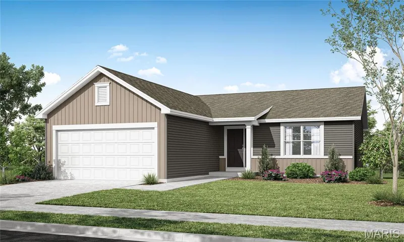 Ranch-style house with a front lawn and a garage