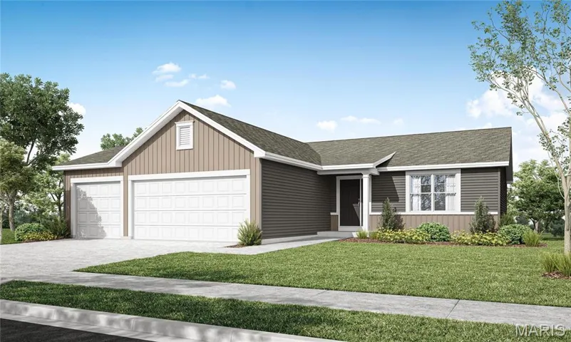 Ranch-style home featuring a front lawn and a garage