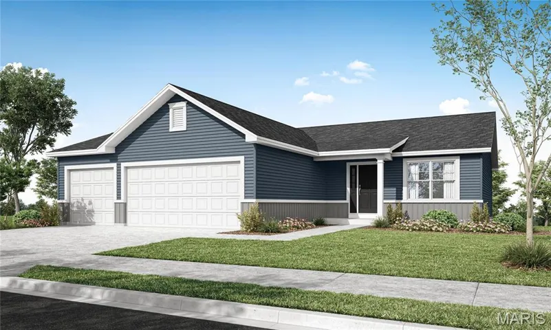 Ranch-style home with a front yard and a garage