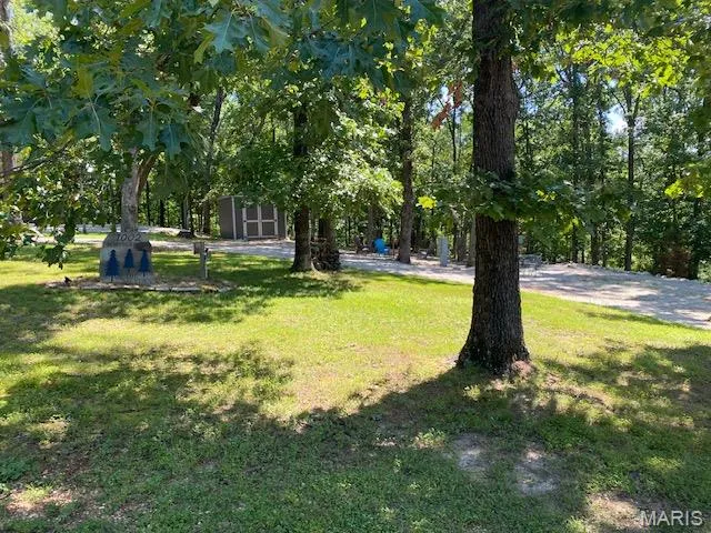View of green lawn featuring a storage unit