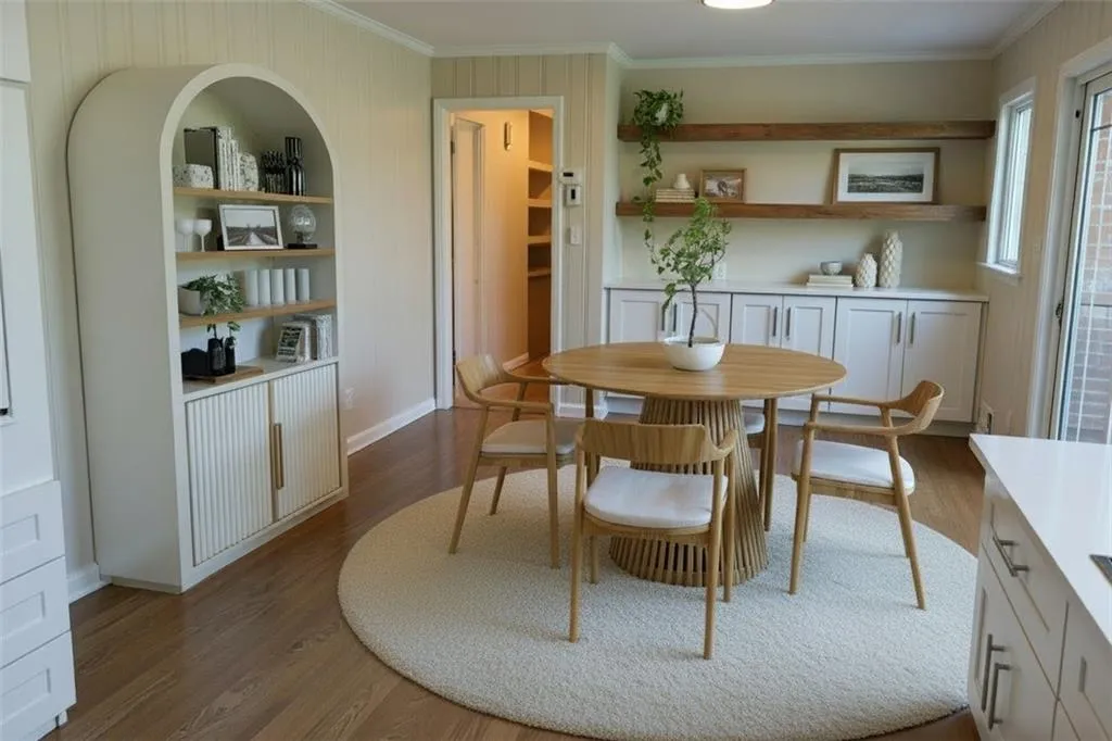 View from kitchen to dining room. Sliding glass doors are to right of table and chairs.  This could also be used as a separate dining room.
