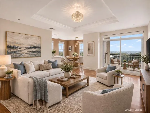 Recessed lighting, crown molding, wood-finish flooring, sliding glass door, and a private balcony