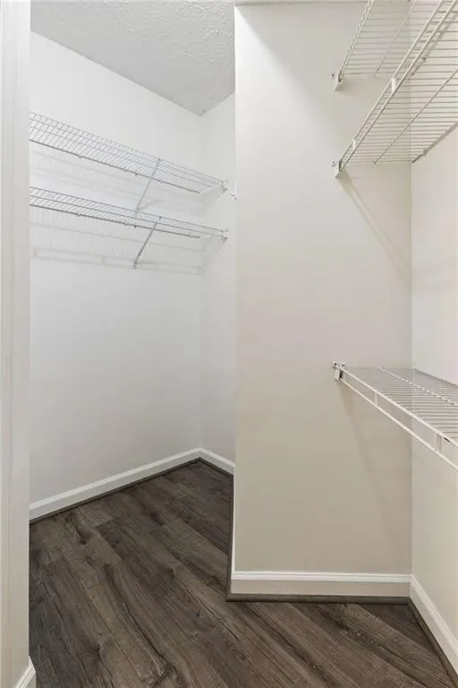 Closet featuring wood-finish flooring, white walls, and wire shelving