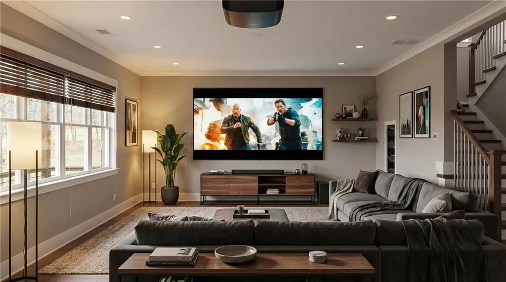 Cinema with ornamental molding, recessed lighting, and wood finished floors