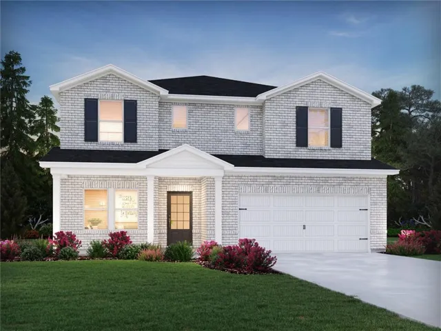 Two-story brick exterior with black shutters and a covered entry