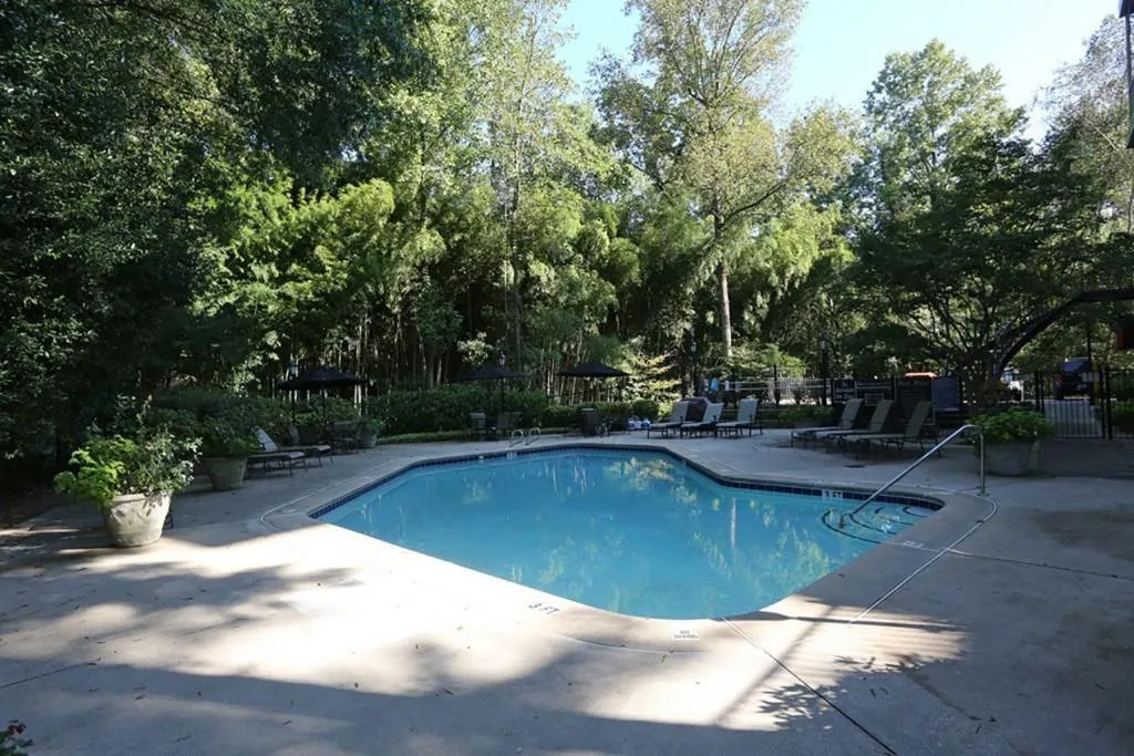 Community pool with a patio area and view of wooded area