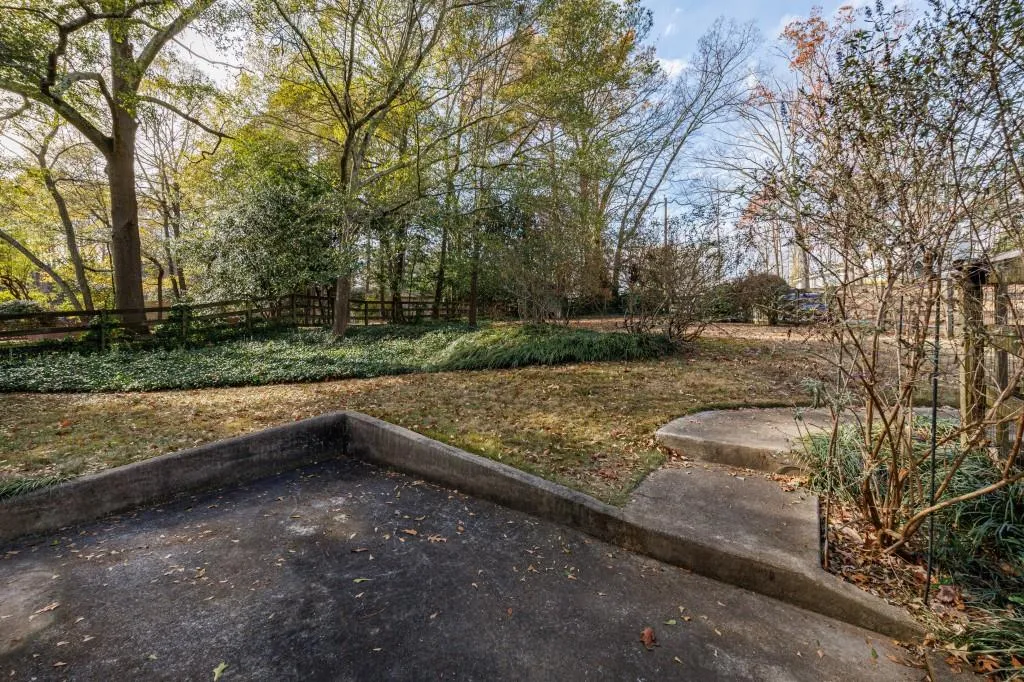 Patio behind house in fenced backyard