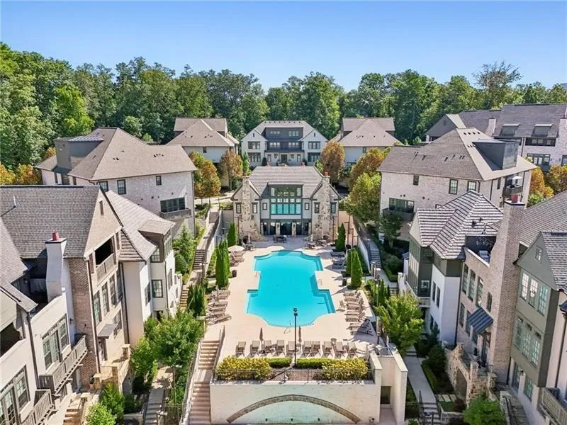 Aerial view of residential area with a pool area