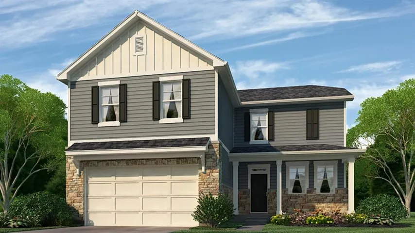 View of front facade with a garage, stone siding, board and batten siding, and concrete driveway